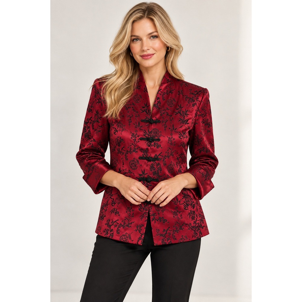 Vintage Women M Jessica Howard Red Satin Floral Jacquard Frog Closure Jacket